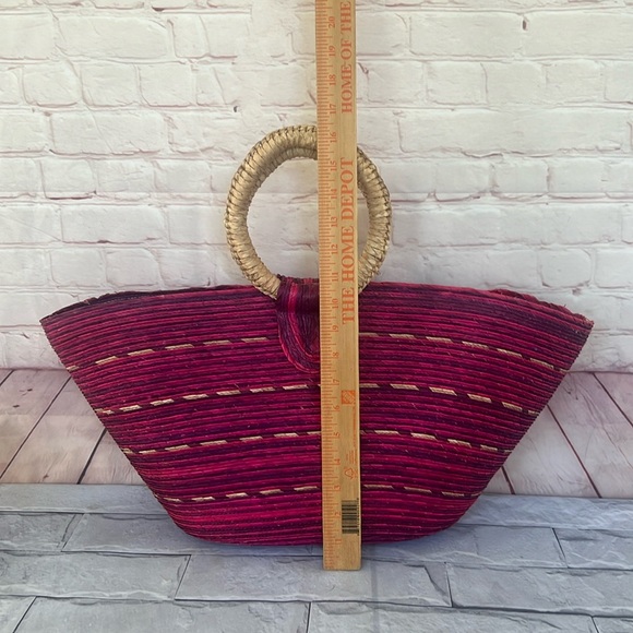 Bohemian rattan Straw woven fuchsia BEAUTY BEACH tote BAG/groceries basket - Picture 5 of 6